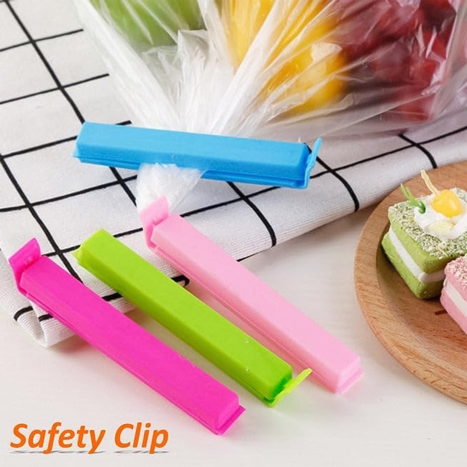 Colorful plastic pouch sealer clips in pink, green, and blue for easy food storage