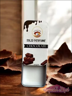 10gm Chocolate Solid Perfume by The Pearls Studio in a silver sliding metal tin with white and brown label.