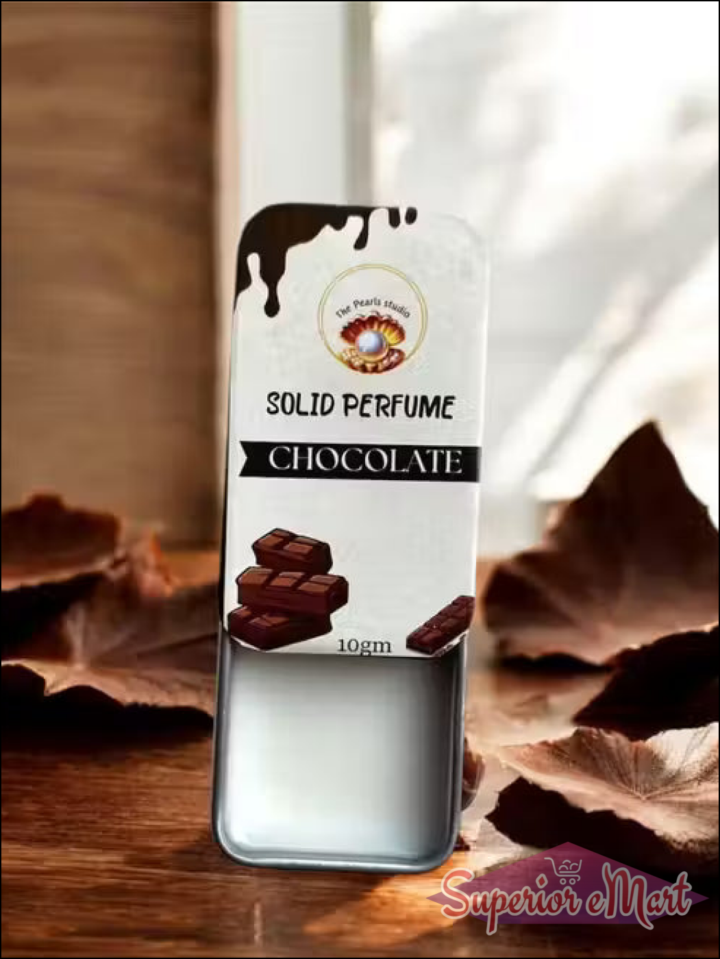 10gm Chocolate Solid Perfume by The Pearls Studio in a silver sliding metal tin with white and brown label.