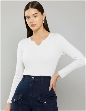 Casual Polyester Ribbed Blend Notch V-Neck Full Sleeves Stylish Latest Regular Solid Black Top (21"Inches).