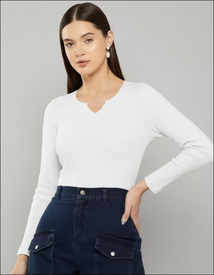 Casual Polyester Ribbed Blend Notch V-Neck Full Sleeves Stylish Latest Regular Solid Black Top (21"Inches).