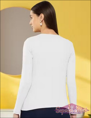 Casual Polyester Ribbed Blend Notch V-Neck Full Sleeves Stylish Latest Regular Solid Black Top (21"Inches).