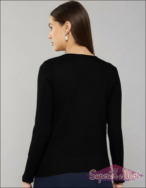 Casual Polyester Ribbed Blend Notch V-Neck Full Sleeves Stylish Latest Regular Solid Black Top (21"Inches).