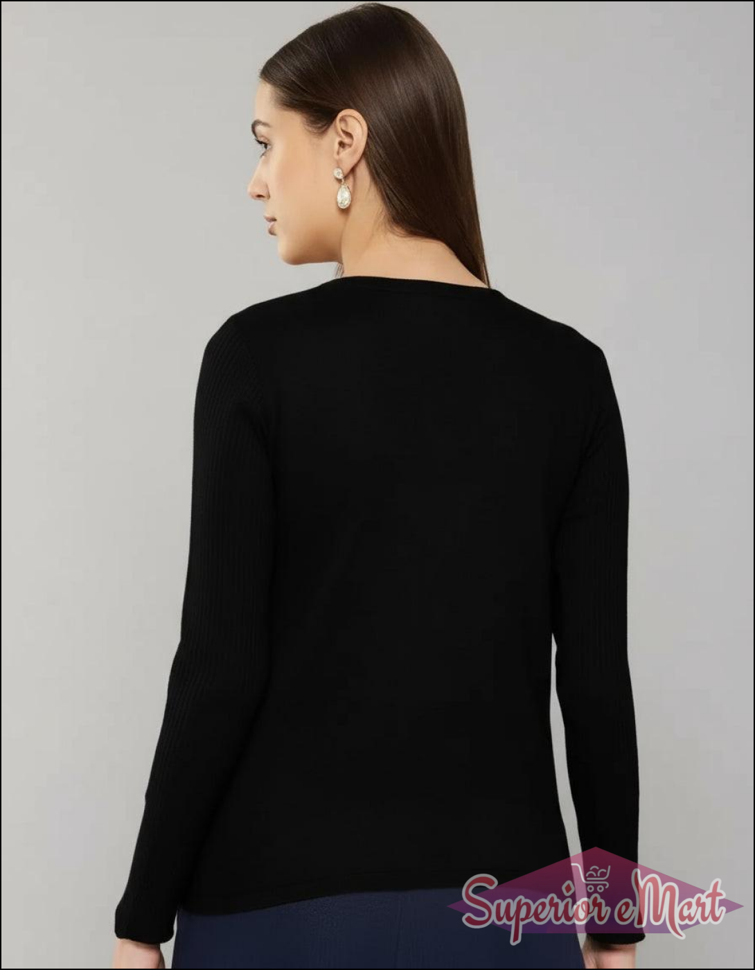 Casual Polyester Ribbed Blend Notch V-Neck Full Sleeves Stylish Latest Regular Solid Black Top (21"Inches).
