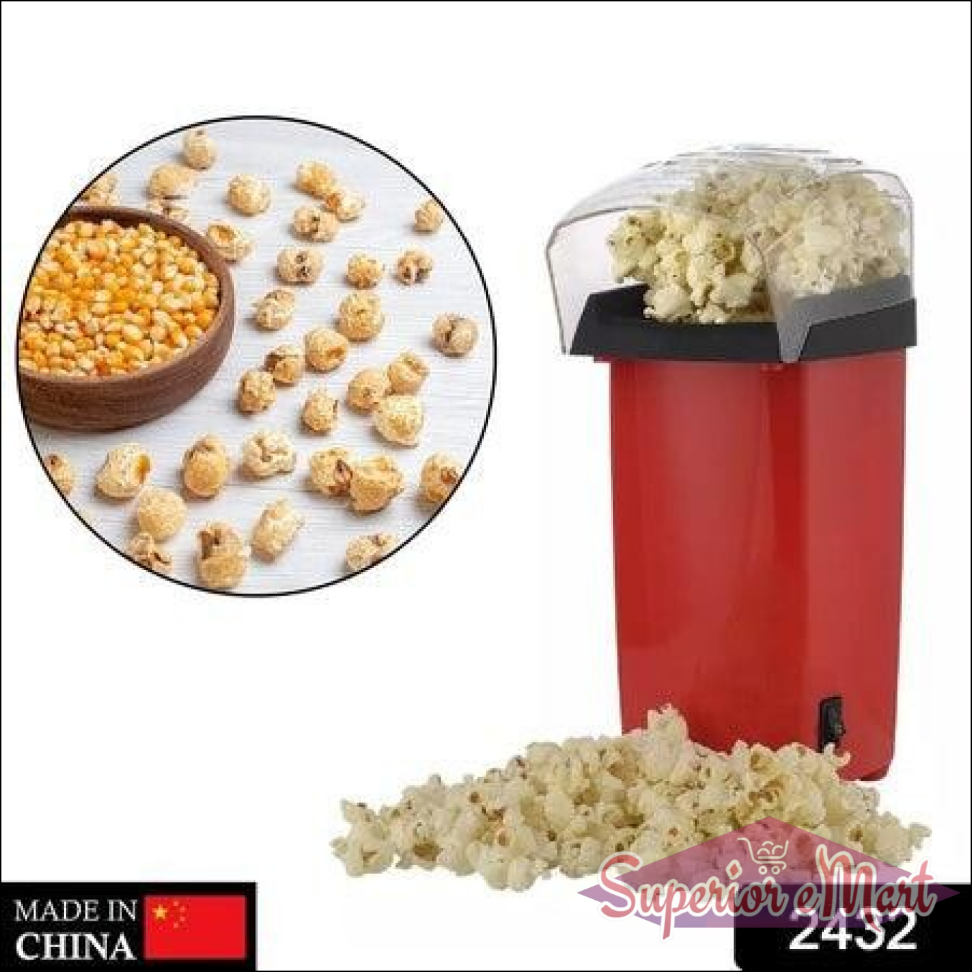 Superior eMart electric popcorn maker machine in red with popped popcorn and kernels on display