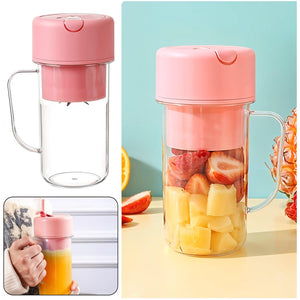 Pink portable blender juicer USB rechargeable with fruits ready for blending and easy grip handle