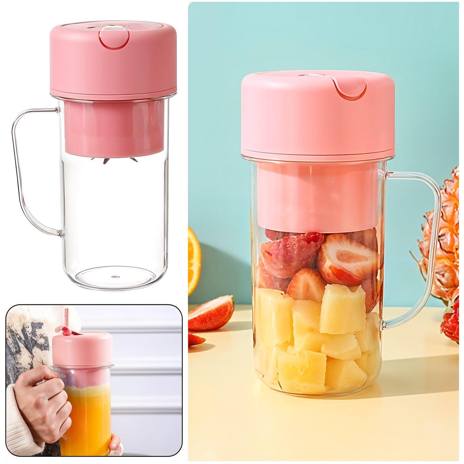 Pink portable blender juicer USB rechargeable with fruits ready for blending and easy grip handle