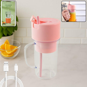 Pink portable blender juicer USB rechargeable with straw and removable lid for smoothies and juices