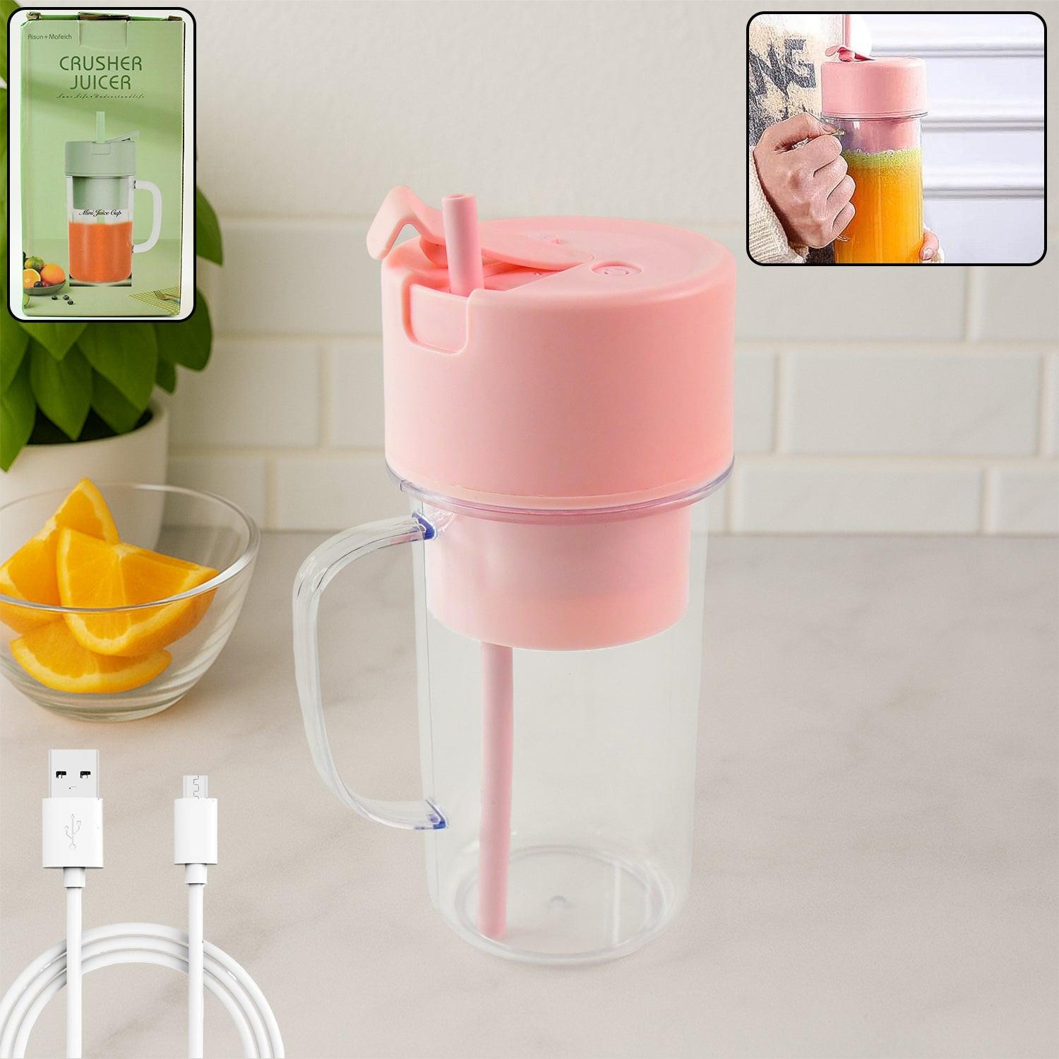 Pink portable blender juicer USB rechargeable with straw and removable lid for smoothies and juices