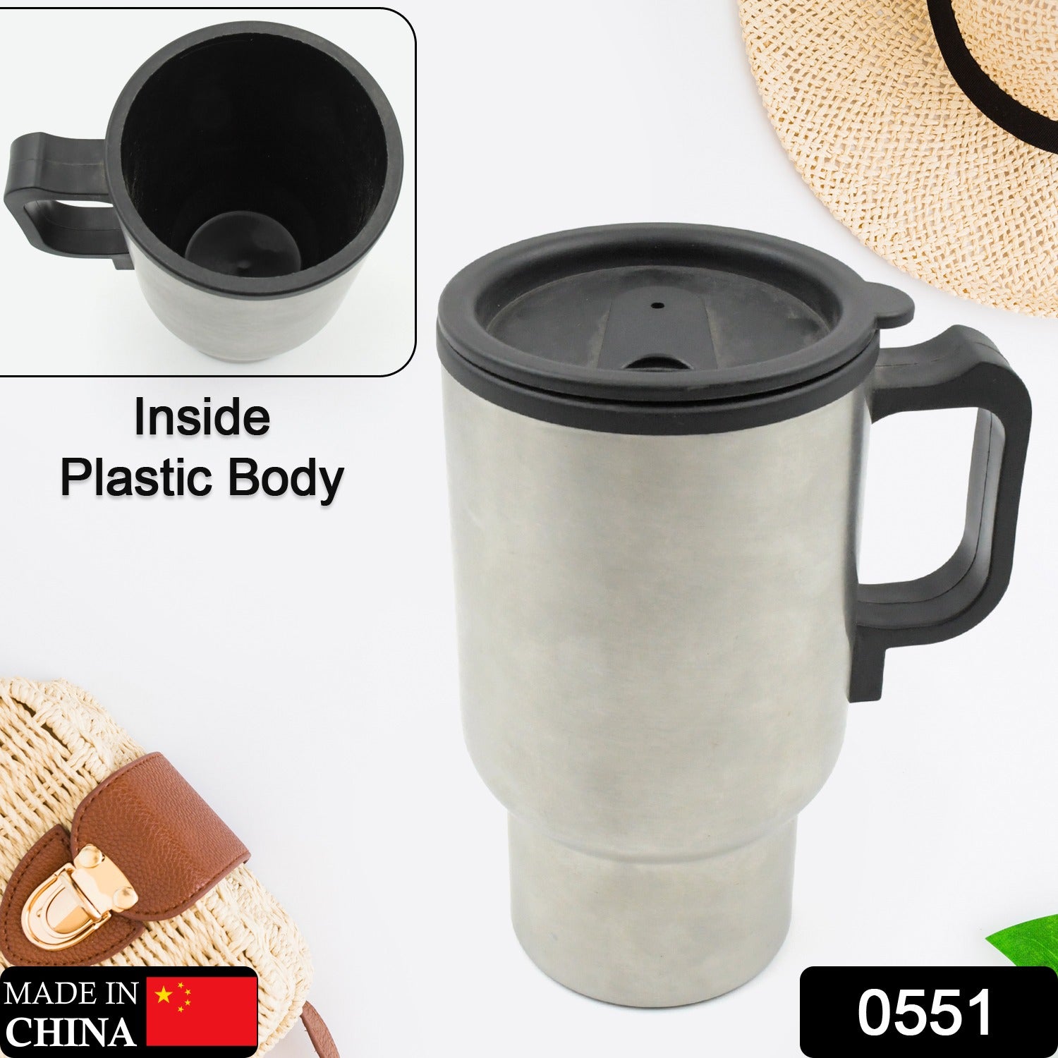 Superior eMart portable car kettle for travel with a stainless steel body and plastic lid for beverages