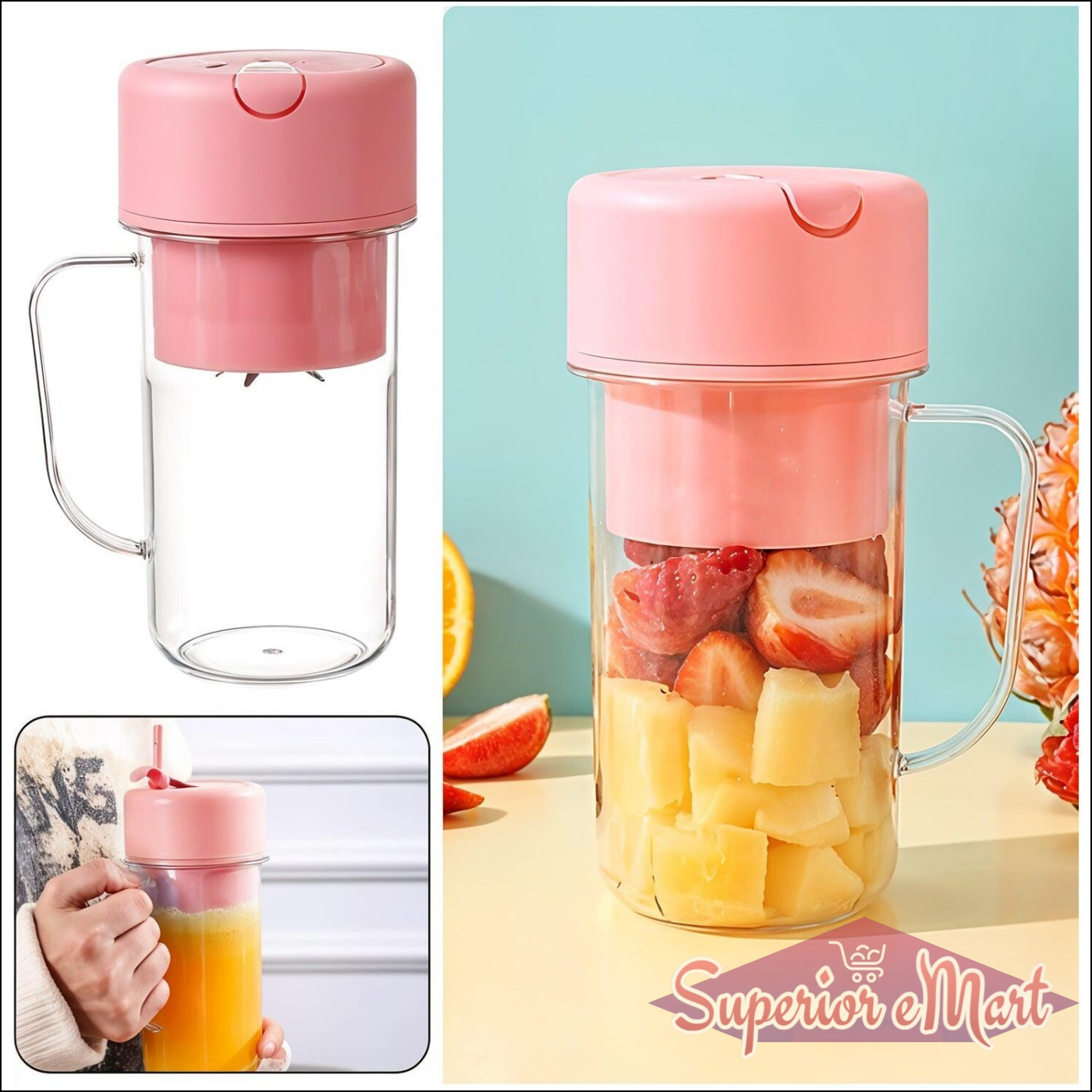 Pink portable blender juicer USB rechargeable with fruits ready for blending and easy grip handle