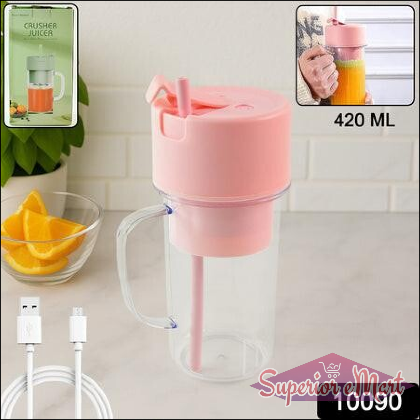 Portable blender juicer USB rechargeable in pink with 420 ML capacity and straw for easy blending