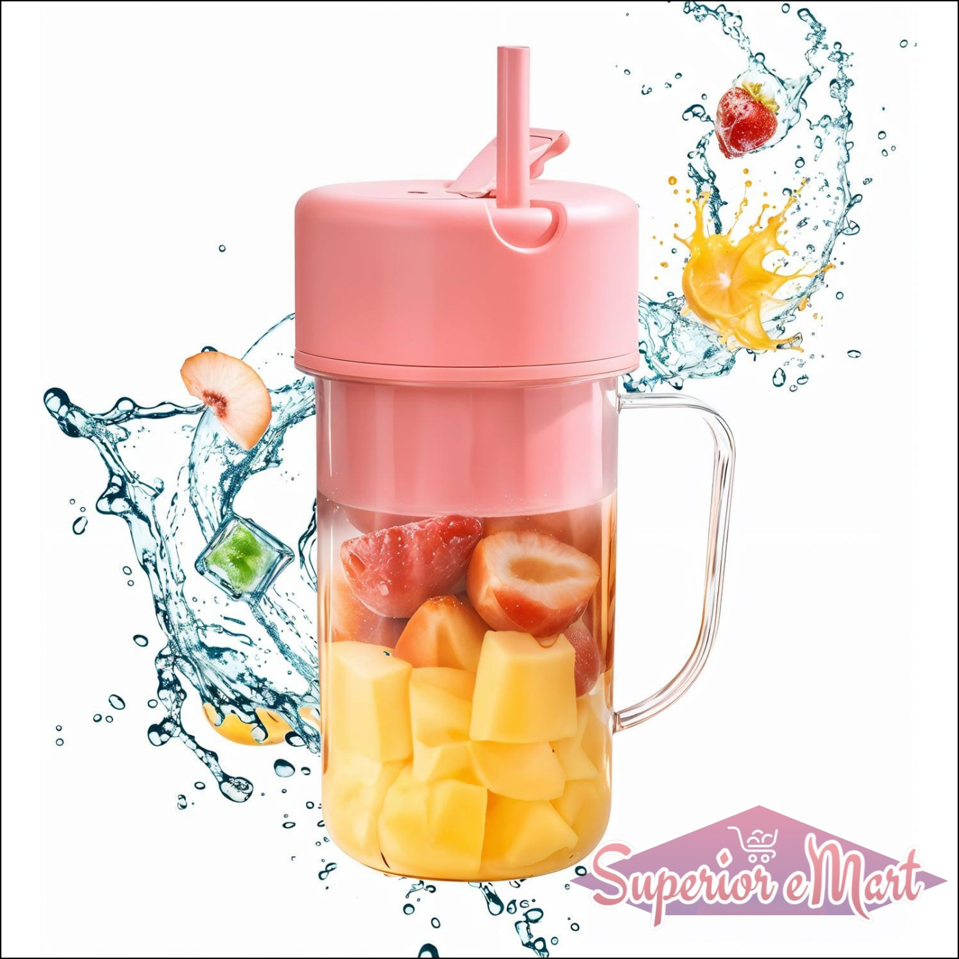 Pink portable blender juicer USB rechargeable with fruits ready for blending and splash effect