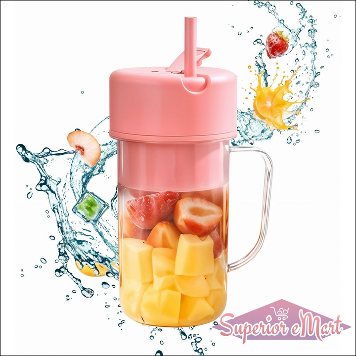 Pink portable blender juicer USB rechargeable with fruits ready for blending and splash effect