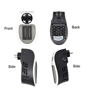 Portable electric heater shown from front, back, and sides highlighting its compact design
