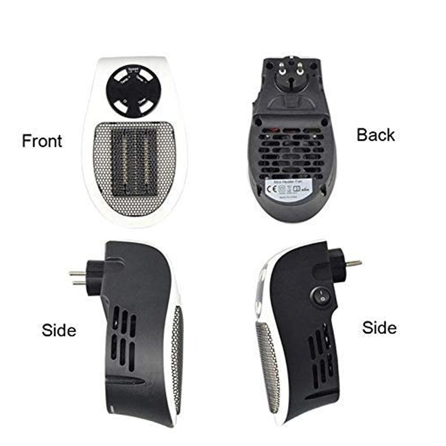 Portable electric heater shown from front, back, and sides highlighting its compact design