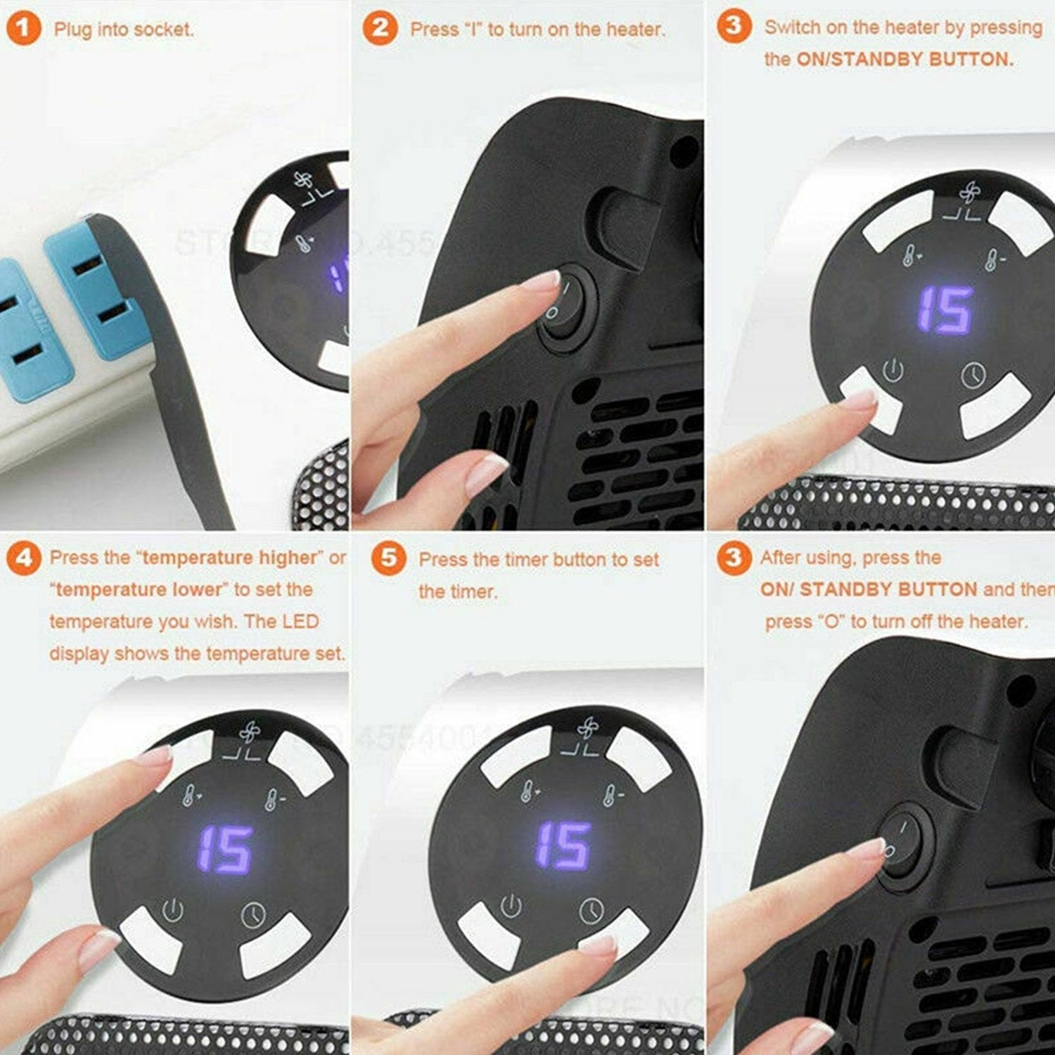 Instructions for using a portable electric heater with control buttons and LED display for temperature settings
