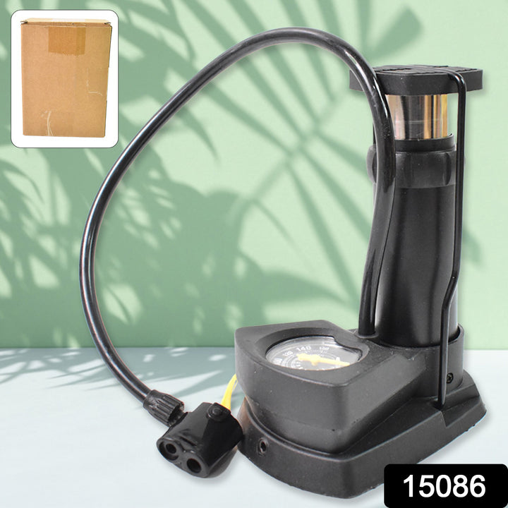 Portable foot air pump with pressure gauge for inflating tires and sports equipment