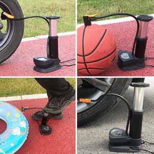 Portable mini bike pump being used to inflate a tire and a basketball on a sunny outdoor surface