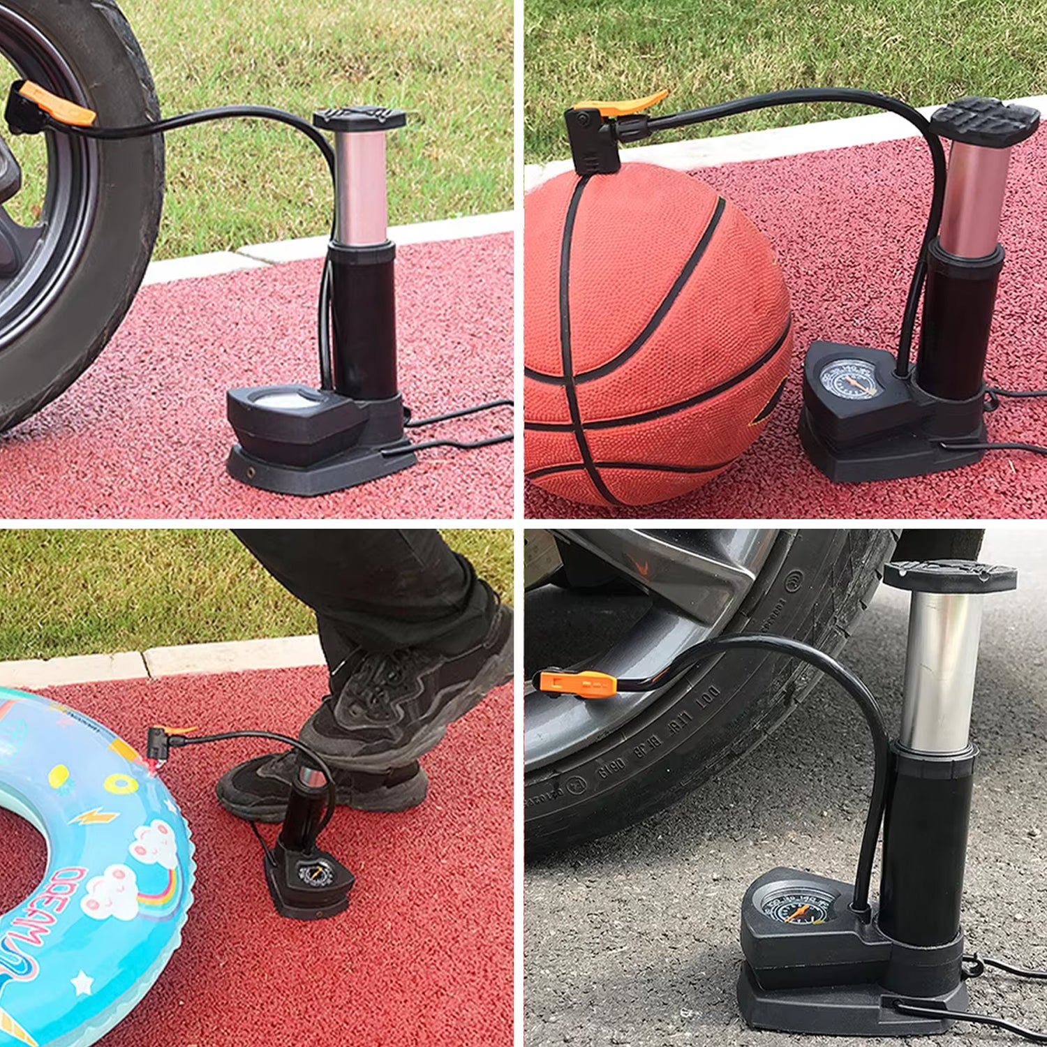Portable mini bike pump being used to inflate a tire and a basketball on a sunny outdoor surface