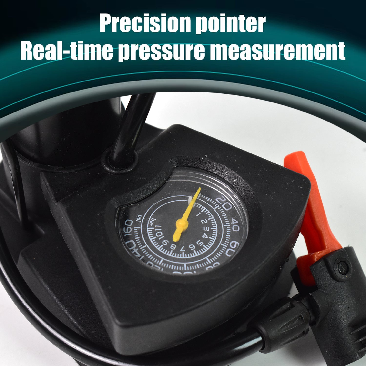 Portable mini bike pump with precision pointer for real-time pressure measurement and easy use