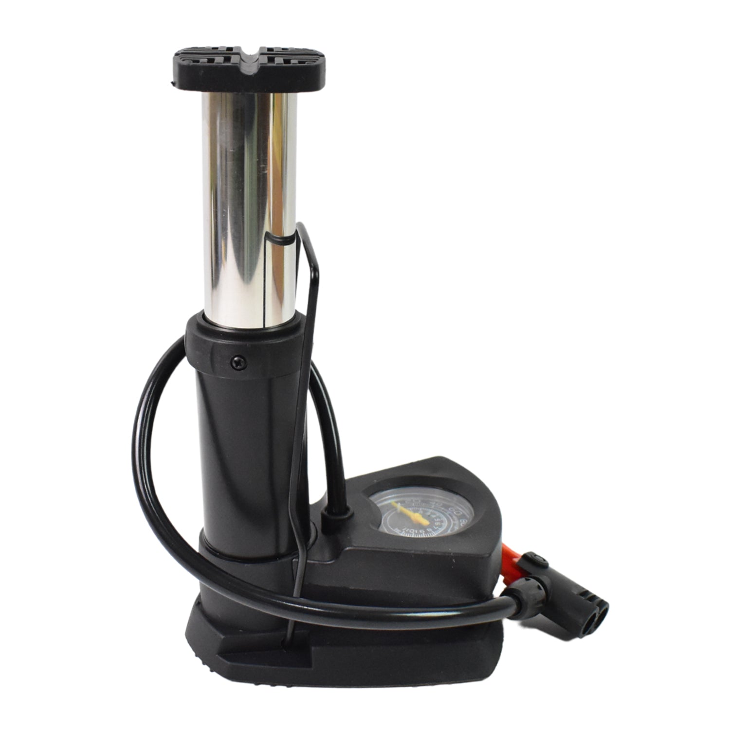 Portable mini bike pump with a sleek design and built-in pressure gauge for easy tire inflation