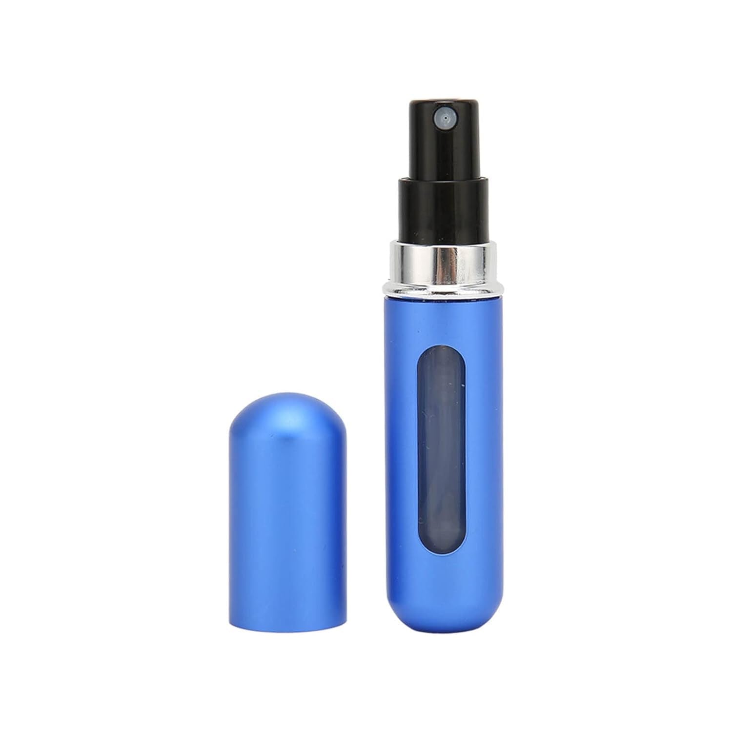 Blue portable perfume spray bottle with a durable design and clear view window