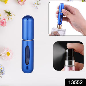 Portable perfume spray bottle in blue with easy refill design for on-the-go fragrance use