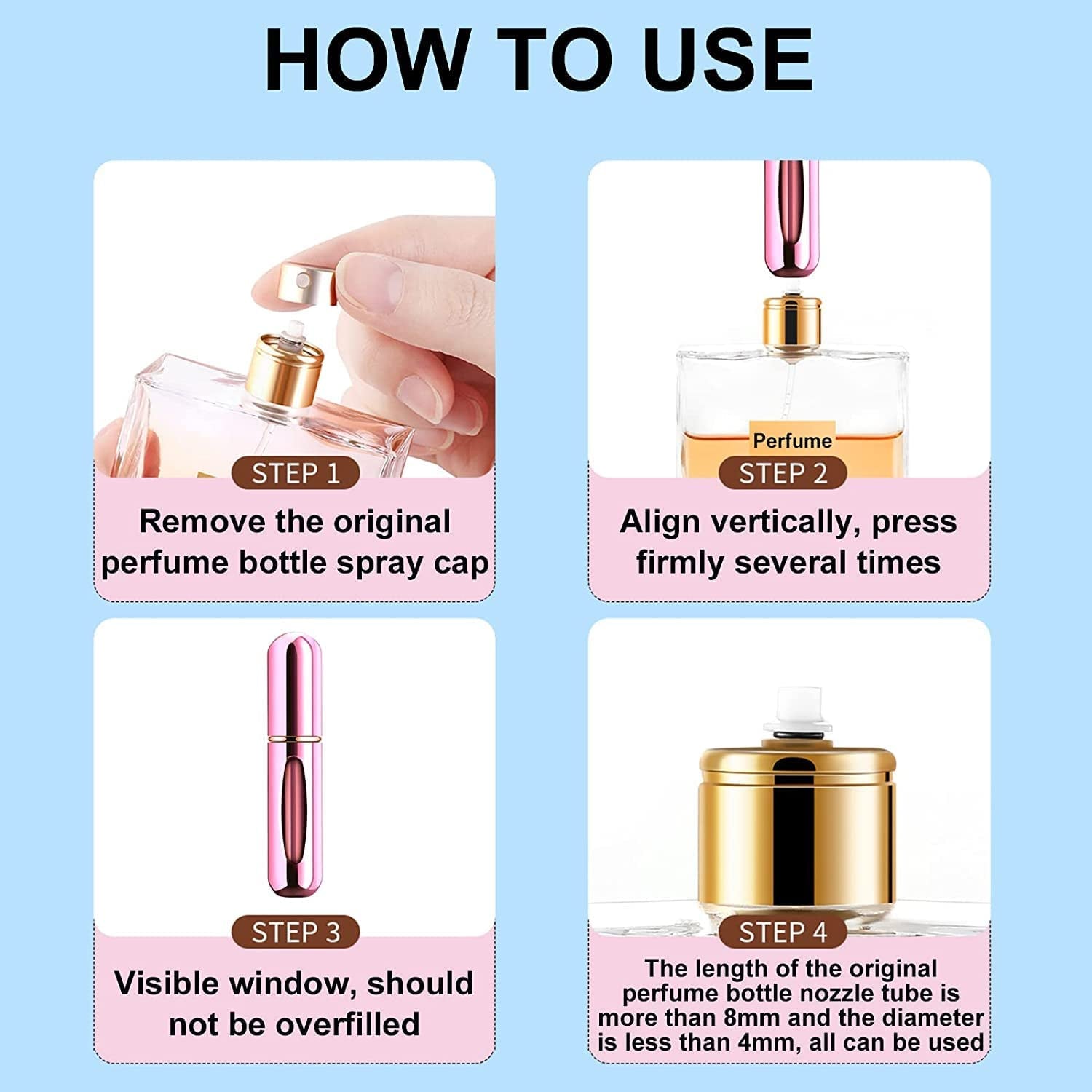Instructions for using a portable perfume spray bottle with steps for easy filling and usage
