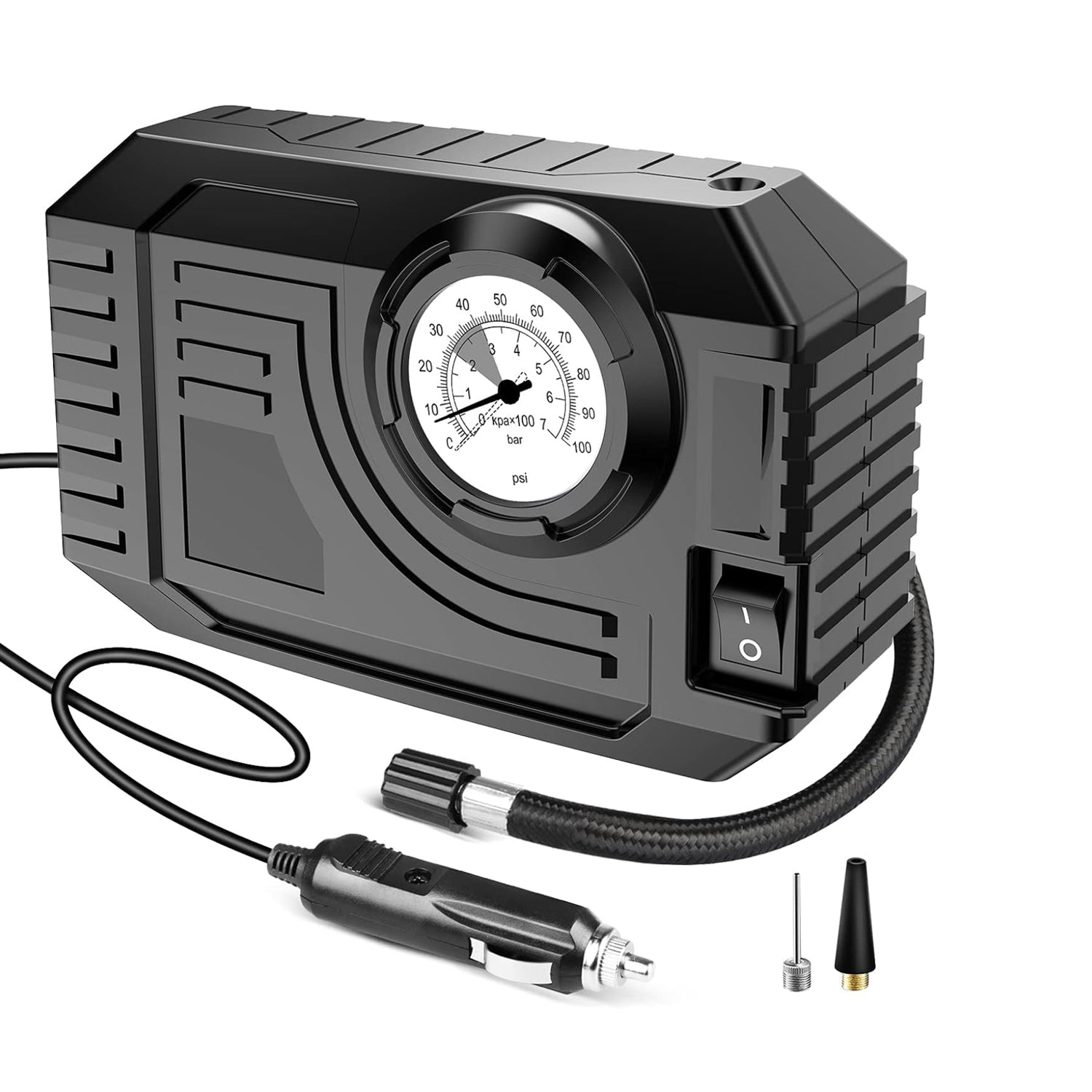 Portable tire inflator 12v with pressure gauge and adaptors for easy inflation of car tires