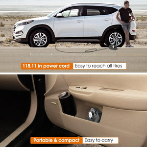 Portable tire inflator 12v with 118.11 inches power cord for easy tire access in vehicles