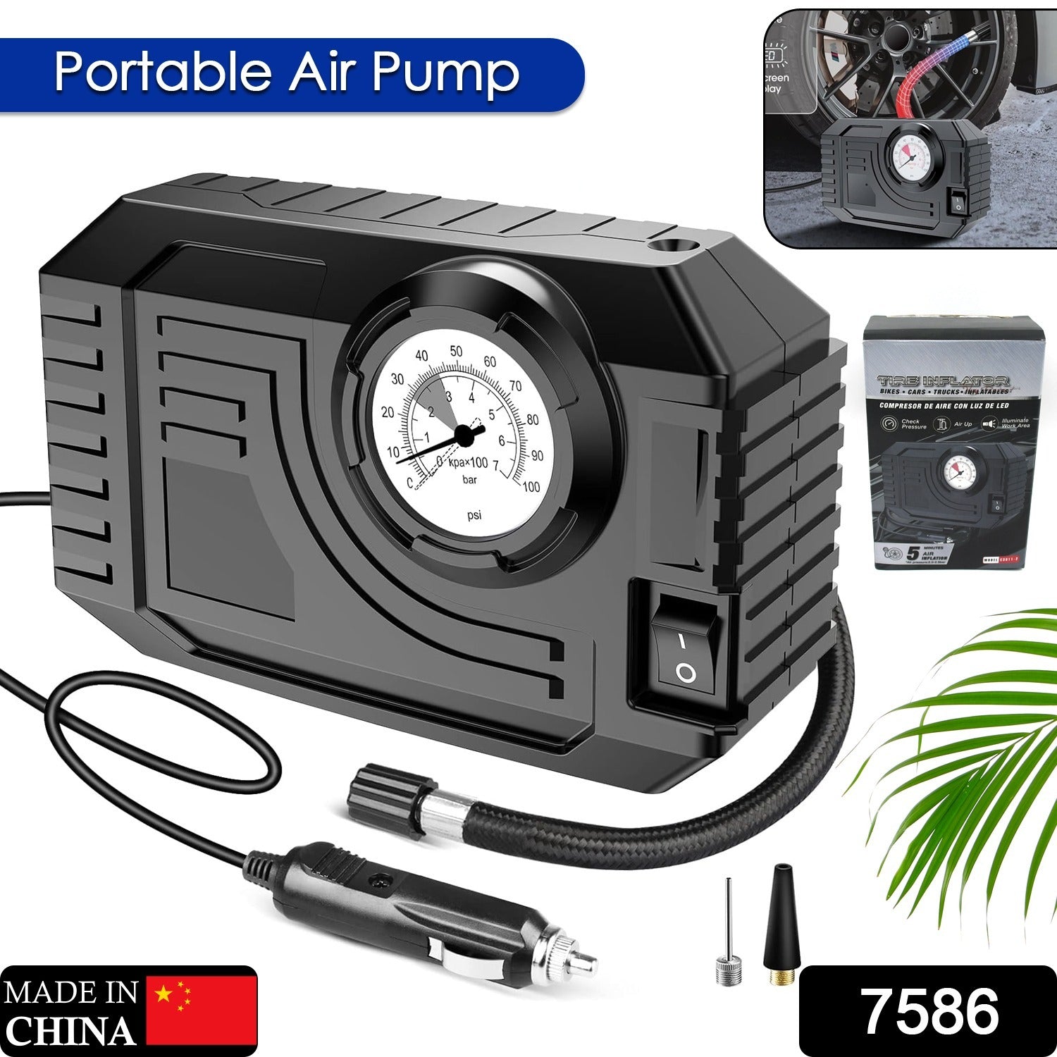 Superior eMart portable tire inflator 12v with pressure gauge and versatile nozzle attachments for easy tire inflation