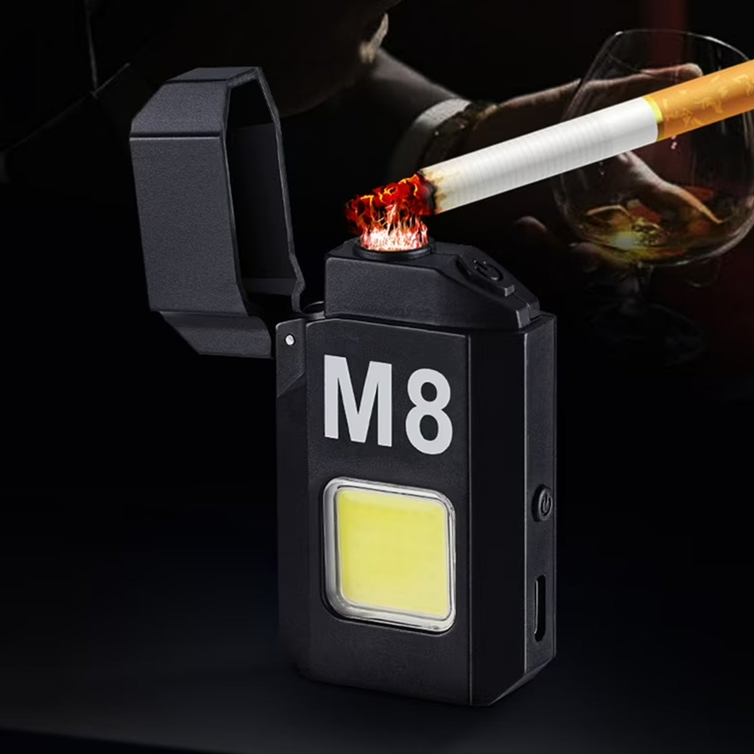 Superior eMart portable torch lighter with a sleek design, igniting a cigarette in a stylish setting