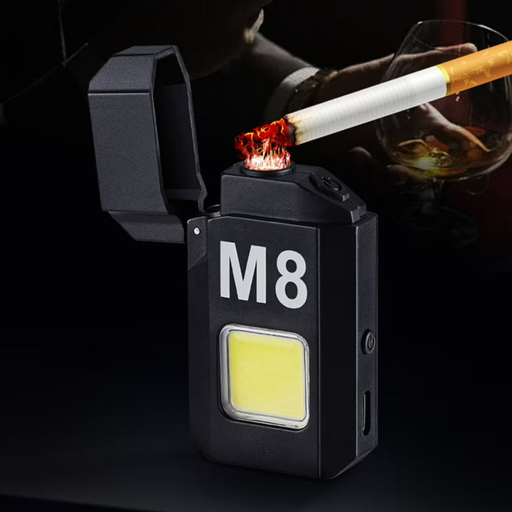 Superior eMart portable torch lighter with a sleek design, igniting a cigarette in a stylish setting