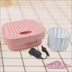 Portable washing machine foldable in pink with detachable basket and power cord for easy storage