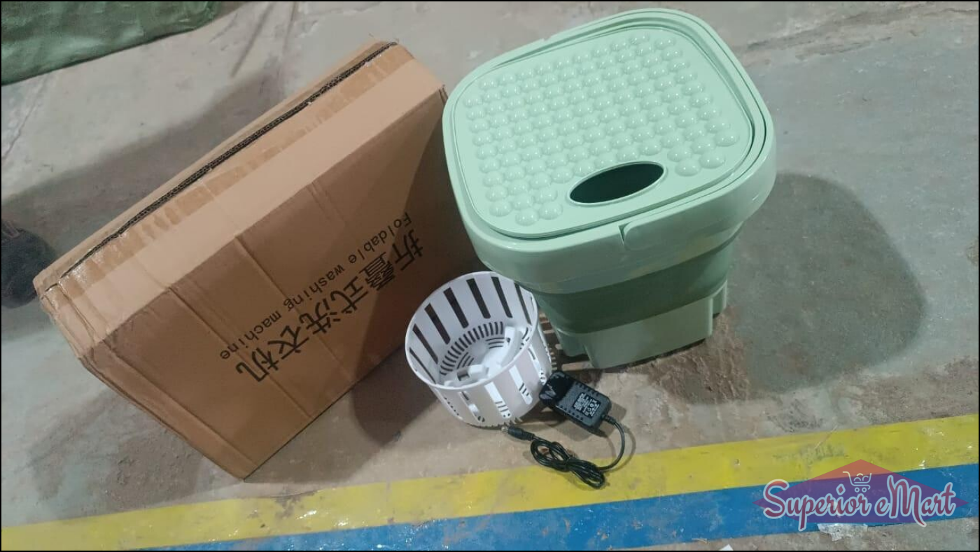 Portable washing machine foldable with compact design, includes a basket and power cord for easy use