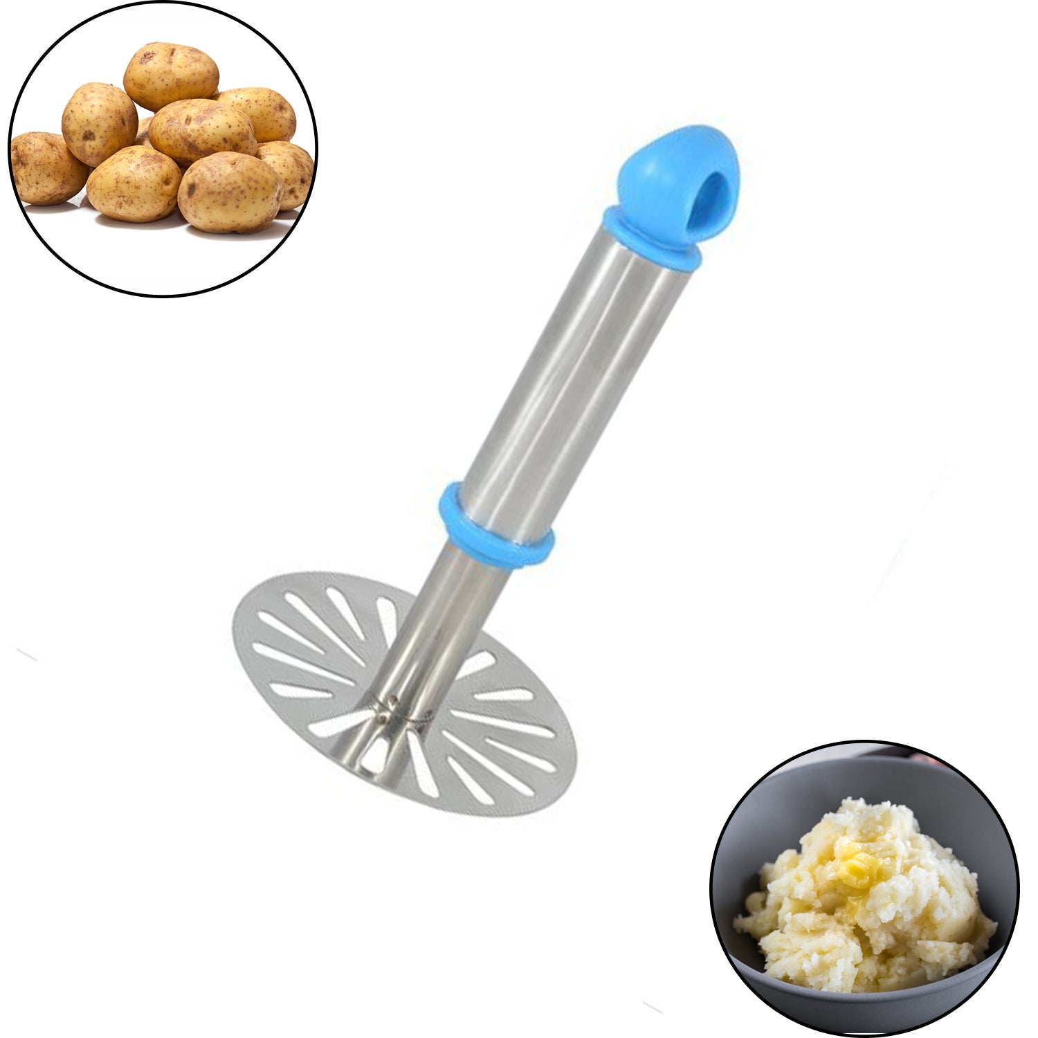 Stainless steel potato masher with plastic handle for easy mashing of cooked potatoes