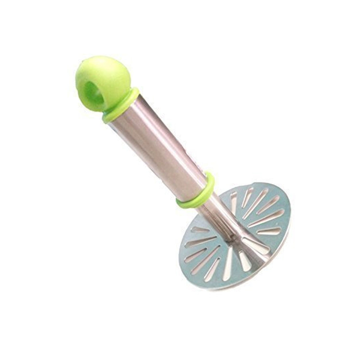 Potato masher with plastic handle featuring a stainless steel mashing plate for easy food preparation