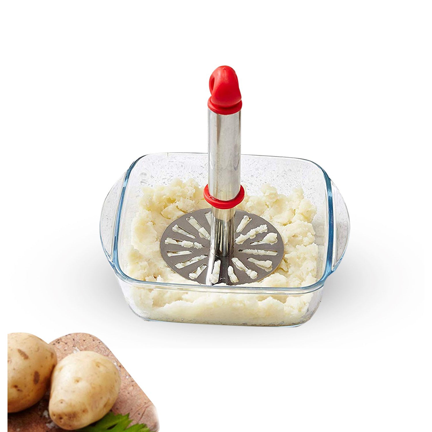 Potato masher with plastic handle in a glass dish, mashing creamy potatoes for easy meal preparation