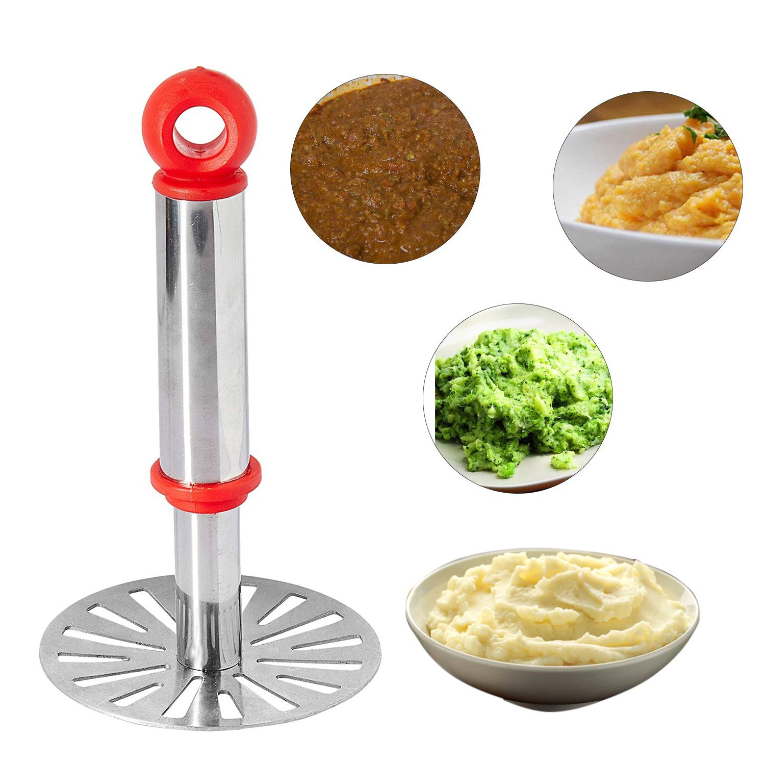 Potato masher with plastic handle showcasing versatility for mashing potatoes and vegetables in the kitchen