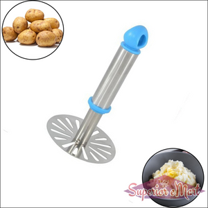 Stainless steel potato masher with plastic handle for easy mashing of cooked potatoes