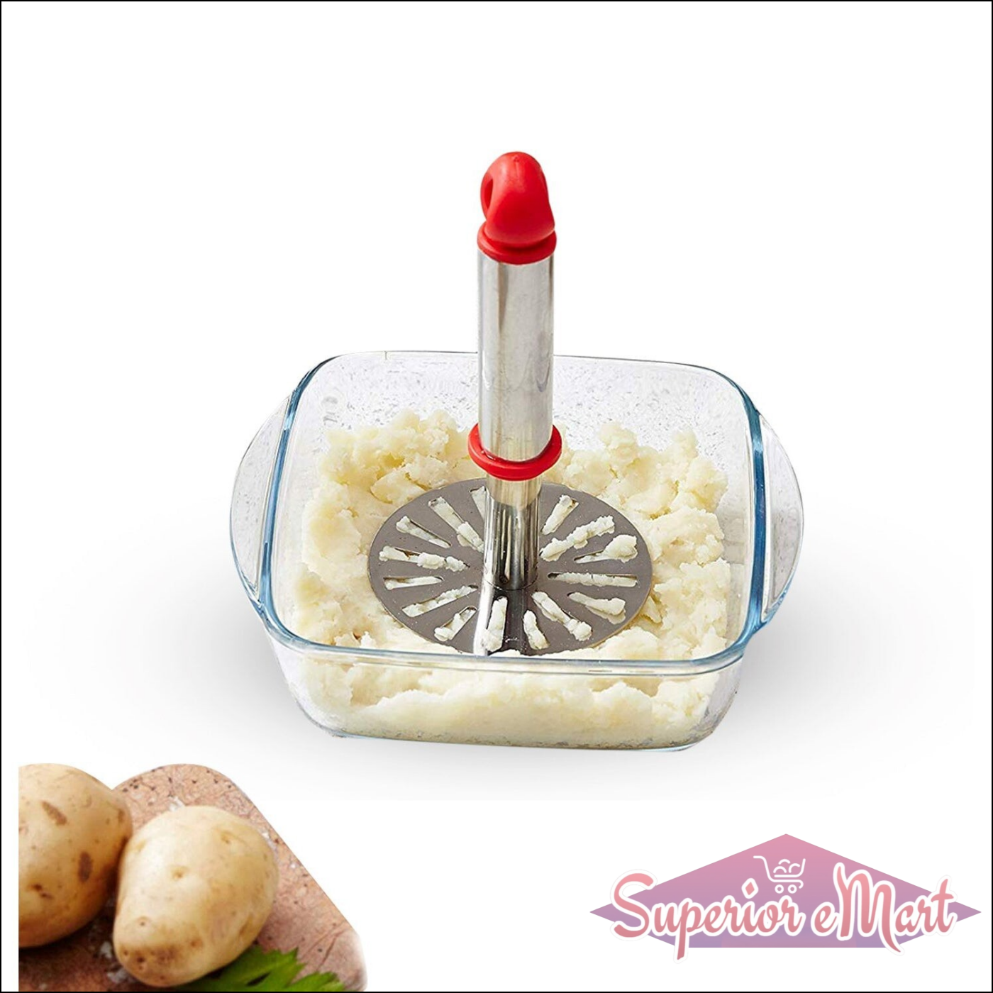 Potato masher with plastic handle in a glass dish, mashing creamy potatoes for easy meal preparation