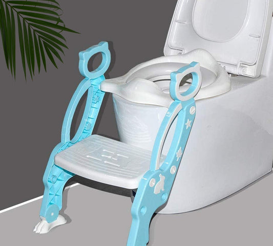 Light blue potty training seat with ladder designed for easy use and safety for toddlers