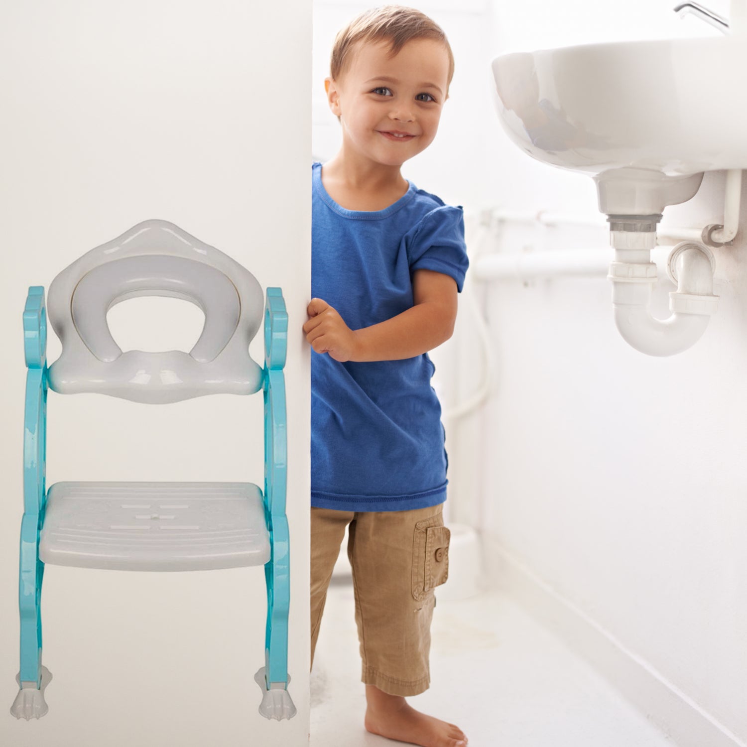 Potty training seat with ladder designed for easy and safe toilet use for toddlers