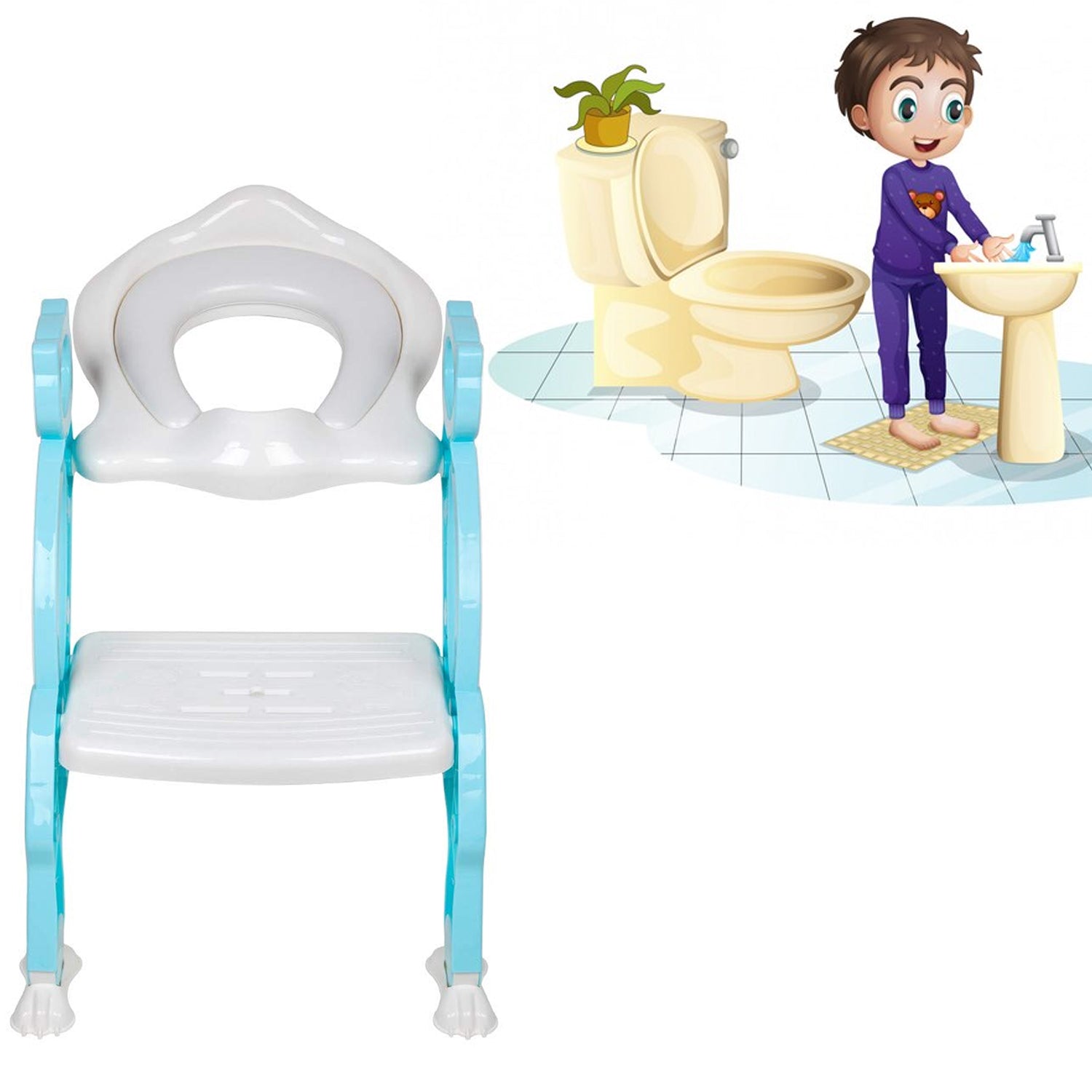 Baby potty training seat with ladder in blue for easy toilet access and comfort