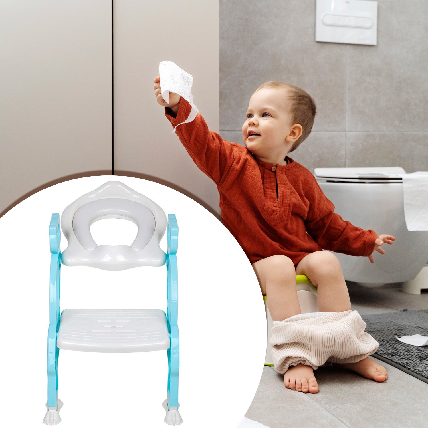 Toddler using a potty training seat with ladder for easy access to the toilet during potty training