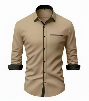 Beige shirt with black accents on a white background