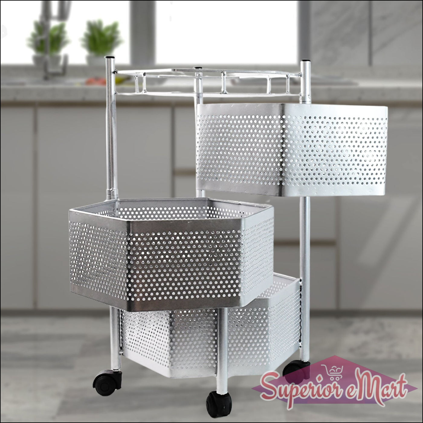 Premium 3-layer Hexagon Kitchen Storage Trolley With Wheels (1 Pc) - Superior eMart