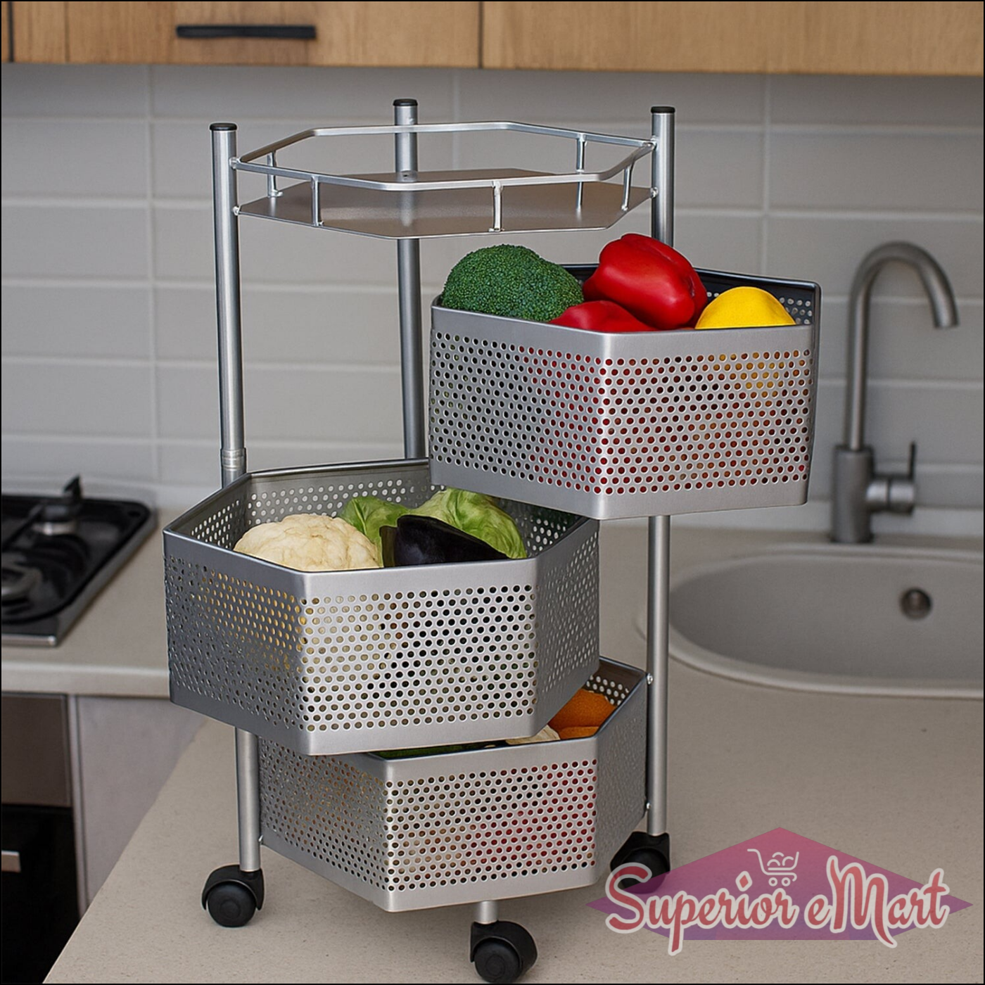 Premium 3-layer Hexagon Kitchen Storage Trolley With Wheels (1 Pc) - Superior eMart