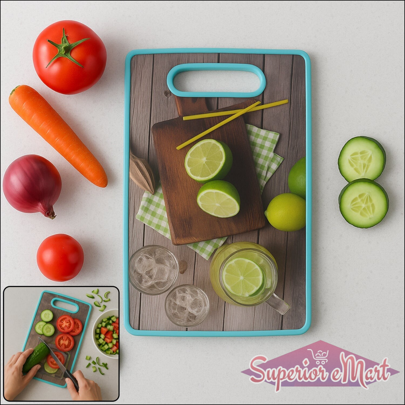 Premium multipurpose cutting board with vibrant vegetables and drinks for kitchen use
